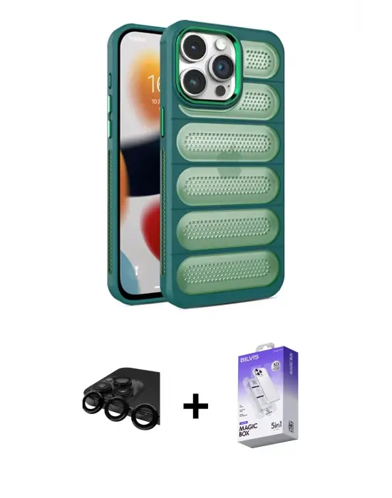 ieg™ iPhone 15 Pro Max Kılıf Yadigar Doku Özel Seri - Siyah Bilvis 5in1 3D Magic Cam Ekran Koruyucu + Raze Metal Kamera Lens - SH