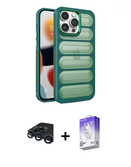 ieg™ iPhone 15 Pro Max Kılıf Yadigar Doku Özel Seri - Siyah Bilvis 5in1 3D Magic Cam Ekran Koruyucu + Raze Metal Kamera Lens - LT