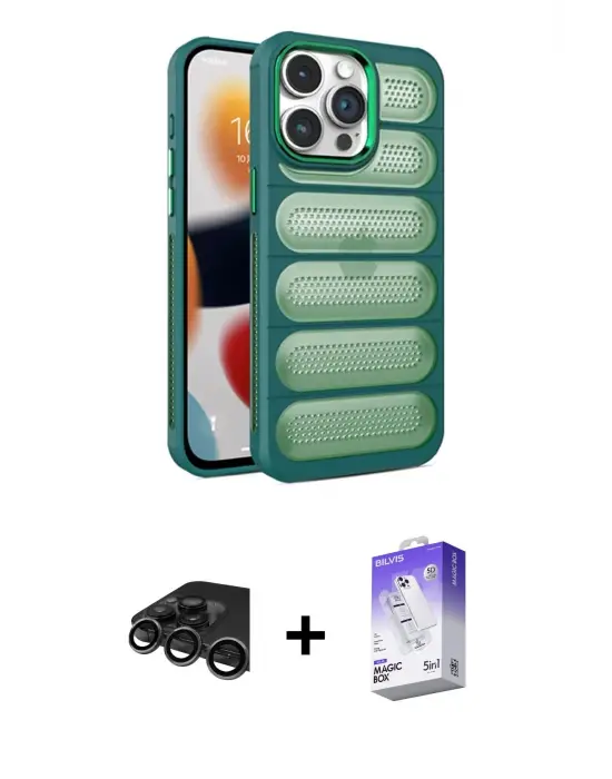 ieg™ iPhone 15 Pro Max Kılıf Yadigar Doku Özel Seri - Siyah Bilvis 5in1 3D Magic Cam Ekran Koruyucu + Raze Metal Kamera Lens - TMGI
