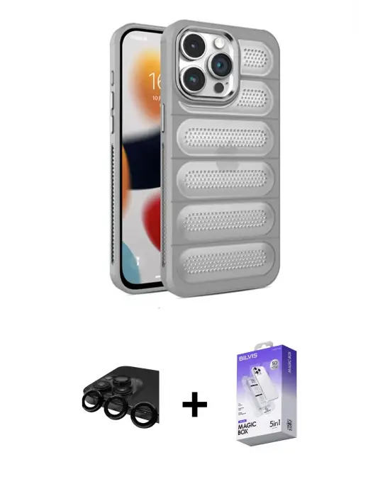 ieg™ iPhone 15 Pro Max Kılıf Yadigar Doku Özel Seri - Siyah Bilvis 5in1 3D Magic Cam Ekran Koruyucu + Raze Metal Kamera Lens - SH