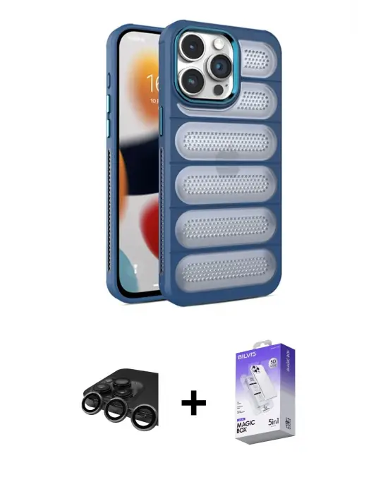 ieg™ iPhone 15 Pro Max Kılıf Yadigar Doku Özel Seri - Siyah Bilvis 5in1 3D Magic Cam Ekran Koruyucu + Raze Metal Kamera Lens - TMGI