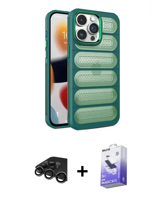 ieg™ iPhone 15 Pro Max Kılıf Yadigar Doku Özel Seri - Siyah Bilvis 5in1 5D Magic Hayalet Cam Ekran Koruyucu + Raze Metal Kamera Lens - TMGI