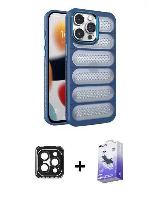 ieg™ iPhone 15 Pro Max Kılıf Yadigar Doku Özel Seri - Siyah Bilvis 5in1 5D Magic Hayalet Cam Ekran Koruyucu + PVD Metal Kamera Lens - SH