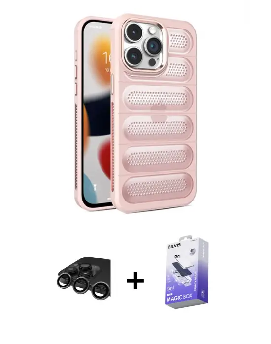ieg™ iPhone 15 Pro Max Kılıf Yadigar Doku Özel Seri - Siyah Bilvis 5in1 5D Magic Hayalet Cam Ekran Koruyucu + Raze Metal Kamera Lens - TMGI