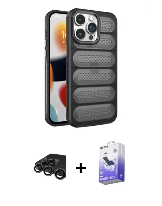 ieg™ iPhone 15 Pro Max Kılıf Yadigar Doku Özel Seri - Siyah Bilvis 5in1 5D Magic Hayalet Cam Ekran Koruyucu + Raze Metal Kamera Lens - TMGI