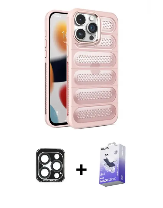 ieg™ iPhone 15 Pro Max Kılıf Yadigar Doku Özel Seri - Siyah Bilvis 5in1 5D Magic Hayalet Cam Ekran Koruyucu + PVD Metal Kamera Lens - LT