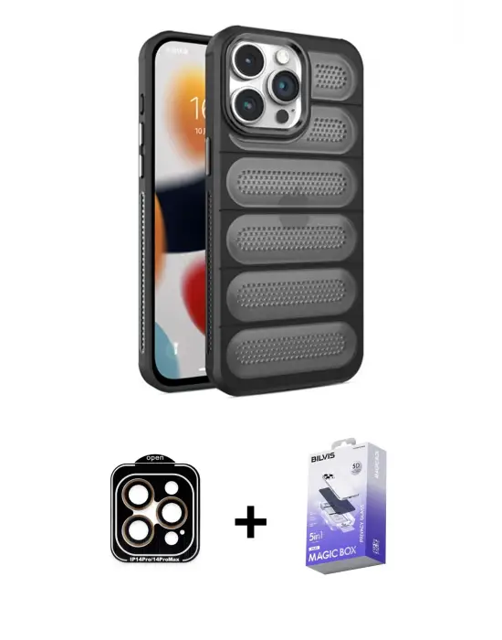 ieg™ iPhone 15 Pro Max Kılıf Yadigar Doku Özel Seri - Siyah Bilvis 5in1 5D Magic Hayalet Cam Ekran Koruyucu + PVD Metal Kamera Lens - TU