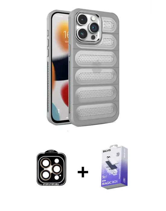 ieg™ iPhone 15 Pro Max Kılıf Yadigar Doku Özel Seri - Siyah Bilvis 5in1 5D Magic Hayalet Cam Ekran Koruyucu + PVD Metal Kamera Lens - TU