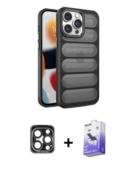 ieg™ iPhone 15 Pro Max Kılıf Yadigar Doku Özel Seri - Siyah Bilvis 5in1 5D Magic Hayalet Cam Ekran Koruyucu + PVD Metal Kamera Lens - LT