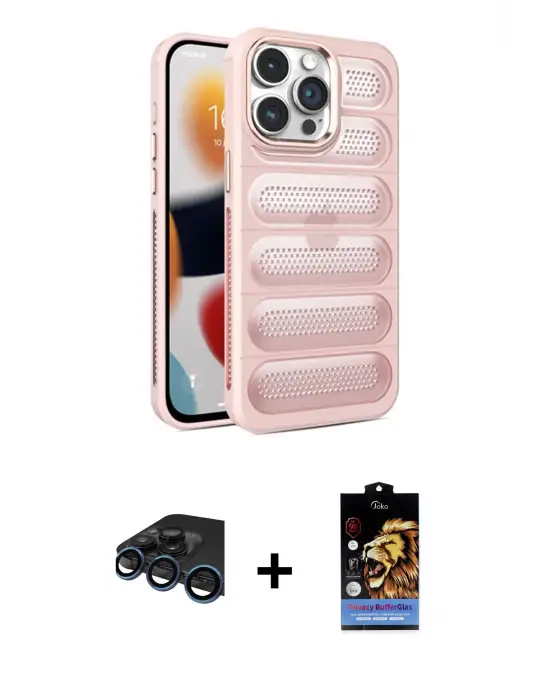ieg™ iPhone 15 Pro Max Kılıf Yadigar Doku Özel Seri - Siyah Buffer Hayalet Cam Ekran Koruyucu + Raze Metal Kamera Lens - LT
