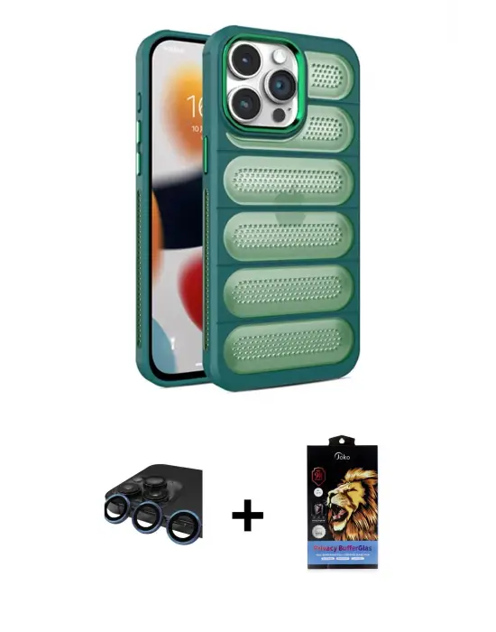 ieg™ iPhone 15 Pro Max Kılıf Yadigar Doku Özel Seri - Siyah Buffer Hayalet Cam Ekran Koruyucu + Raze Metal Kamera Lens - LT