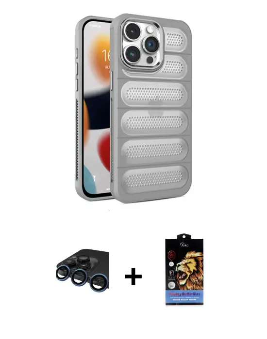 ieg™ iPhone 15 Pro Max Kılıf Yadigar Doku Özel Seri - Siyah Buffer Hayalet Cam Ekran Koruyucu + Raze Metal Kamera Lens - LT