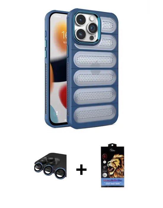 ieg™ iPhone 15 Pro Max Kılıf Yadigar Doku Özel Seri - Siyah Buffer Hayalet Cam Ekran Koruyucu + Raze Metal Kamera Lens - LT