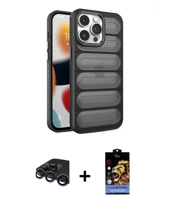 ieg™ iPhone 15 Pro Max Kılıf Yadigar Doku Özel Seri - Siyah Buffer Hayalet Cam Ekran Koruyucu + Raze Metal Kamera Lens - LT