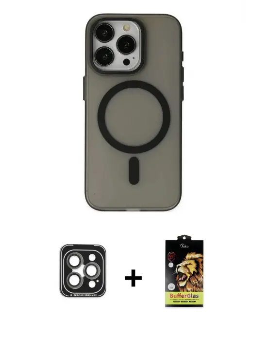 ieg™ iPhone 15 Pro Max Kılıf Yadigar Işık - Siyah Buffer Cam Ekran Koruyucu + PVD Metal Kamera Lens - GI