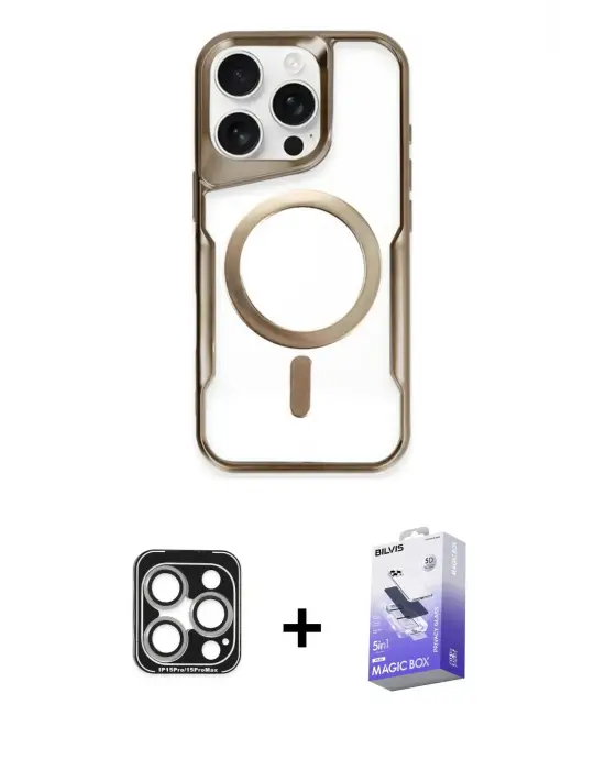 ieg™ iPhone 15 Pro Max Kılıf Yadigar Klasik Özel Seri - Siyah Bilvis 5in1 5D Magic Hayalet Cam Ekran Koruyucu + PVD Metal Kamera Lens - GS