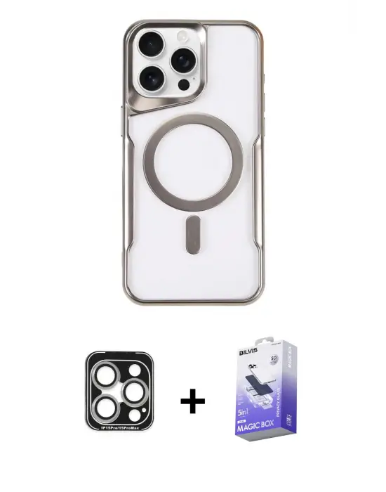 ieg™ iPhone 15 Pro Max Kılıf Yadigar Klasik Özel Seri - Siyah Bilvis 5in1 5D Magic Hayalet Cam Ekran Koruyucu + PVD Metal Kamera Lens - GS