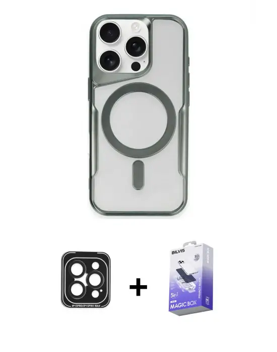 ieg™ iPhone 15 Pro Max Kılıf Yadigar Klasik Özel Seri - Siyah Bilvis 5in1 5D Magic Hayalet Cam Ekran Koruyucu + PVD Metal Kamera Lens - SH