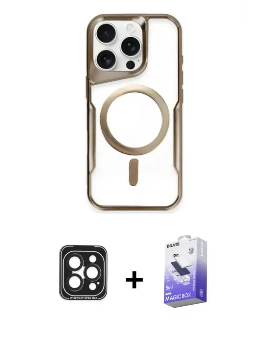 ieg™ iPhone 15 Pro Max Kılıf Yadigar Klasik Özel Seri - Siyah Bilvis 5in1 5D Magic Hayalet Cam Ekran Koruyucu + PVD Metal Kamera Lens - SH