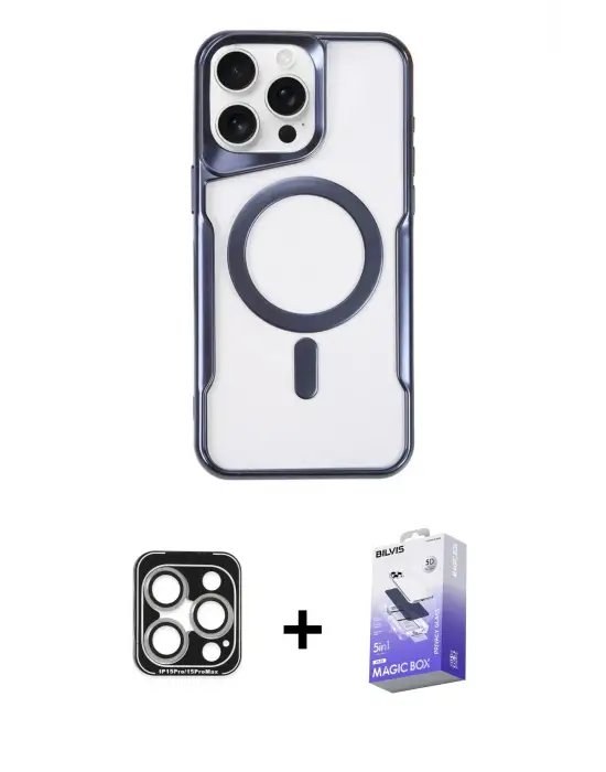 ieg™ iPhone 15 Pro Max Kılıf Yadigar Klasik Özel Seri - Siyah Bilvis 5in1 5D Magic Hayalet Cam Ekran Koruyucu + PVD Metal Kamera Lens - GS