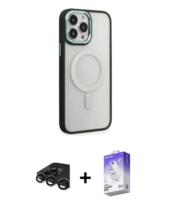 ieg™ iPhone 15 Pro Max Kılıf Yankı Işık Özel Seri - Siyah Bilvis 5in1 3D Magic Cam Ekran Koruyucu + Raze Metal Kamera Lens - TMGI