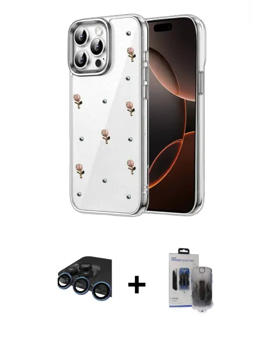 ieg™ iPhone 15 Pro Max Kılıf Yörünge Form - Siyah Vanessa Magic Hayalet Cam + Raze Metal Kamera Lens - LT