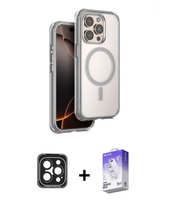 ieg™ iPhone 15 Pro Max Kılıf Zirve Klasik Prime - Siyah Bilvis 5in1 3D Magic Cam Ekran Koruyucu + PVD Metal Kamera Lens - SH