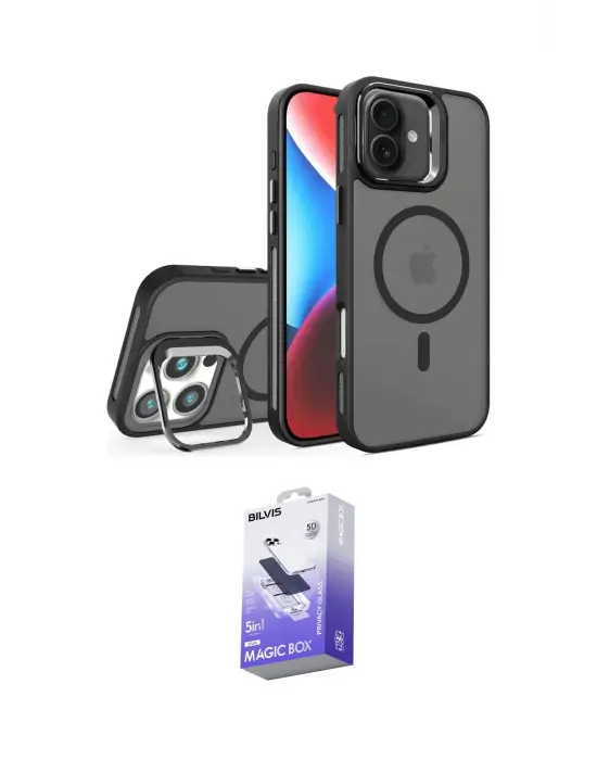 ieg™ iPhone 16 Kılıf Akış Form - Siyah Bilvis 5in1 5D Magic Hayalet Cam Ekran Koruyucu