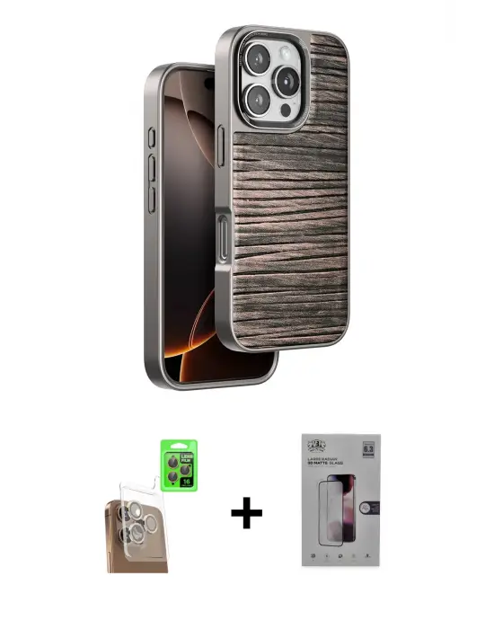 ieg™ iPhone 16 Pro Kılıf Atlas Minimal Özel Seri - Siyah Bilvis 3D Mat Cam Ekran Koruyucu + Raze Metal Kamera Lens - CLTM