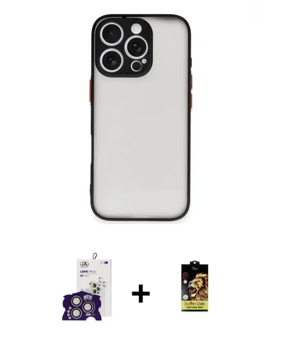 ieg™ iPhone 16 Pro Max Kılıf Ahenk Çizgi Serisi - Siyah Buffer Cam Ekran Koruyucu + Bilvis Titan Kamera Lens - GS