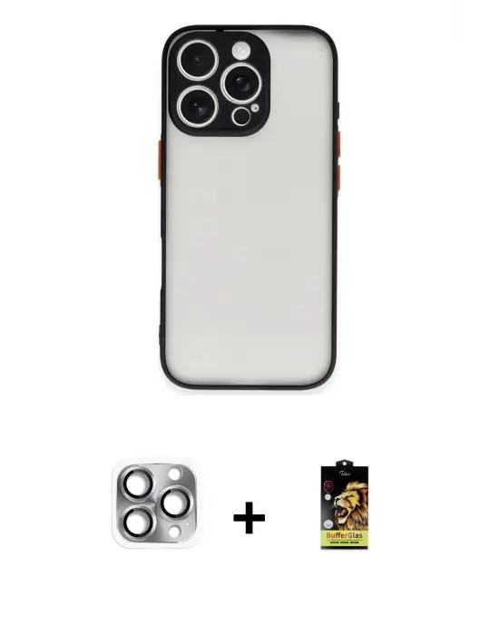ieg™ iPhone 16 Pro Max Kılıf Ahenk Çizgi Serisi - Siyah Buffer Cam Ekran Koruyucu + Pers Alüminyum Kamera Lens - GI