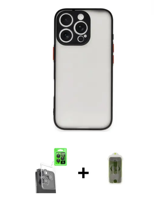 ieg™ iPhone 16 Pro Max Kılıf Ahenk Çizgi Serisi - Siyah Joko Magic 5D Hayalet Cam + Raze Metal Kamera Lens - SH