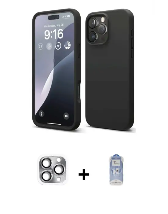 ieg™ iPhone 16 Pro Max Kılıf Ahenk Serisi - Siyah Joko Magic 5D Cam + Pers Alüminyum Kamera Lens - GI