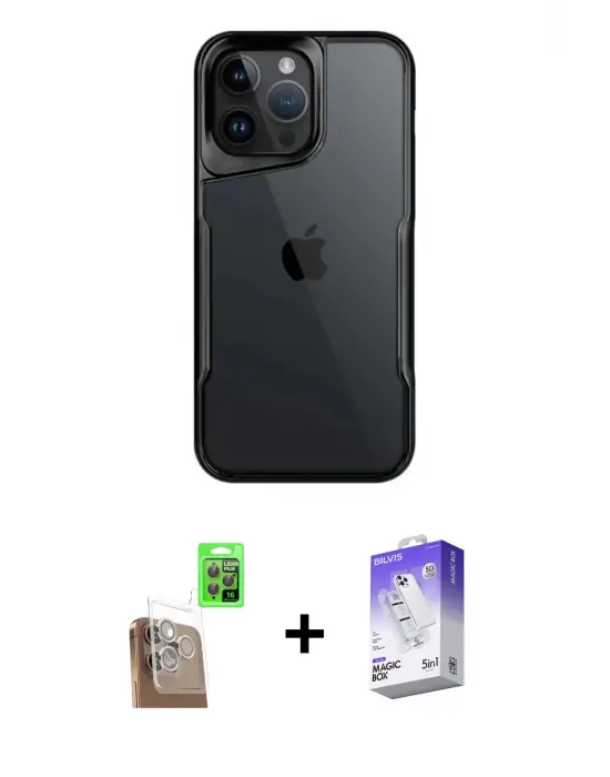 ieg™ iPhone 16 Pro Max Kılıf Akış Çizgi Koleksiyonu - Siyah Bilvis 5in1 3D Magic Cam Ekran Koruyucu + Raze Metal Kamera Lens - CLTM