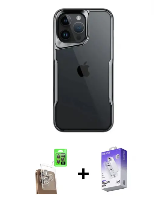ieg™ iPhone 16 Pro Max Kılıf Akış Çizgi Koleksiyonu - Siyah Bilvis 5in1 3D Magic Cam Ekran Koruyucu + Raze Metal Kamera Lens - CLTM