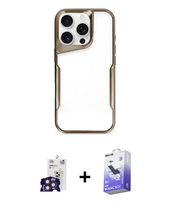 ieg™ iPhone 16 Pro Max Kılıf Akış Çizgi Koleksiyonu - Siyah Bilvis 5in1 5D Magic Hayalet Cam Ekran Koruyucu + Bilvis Titan Kamera Lens - TMGI