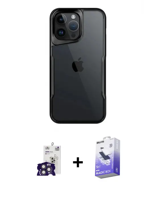 ieg™ iPhone 16 Pro Max Kılıf Akış Çizgi Koleksiyonu - Siyah Bilvis 5in1 5D Magic Hayalet Cam Ekran Koruyucu + Bilvis Titan Kamera Lens - TMGI