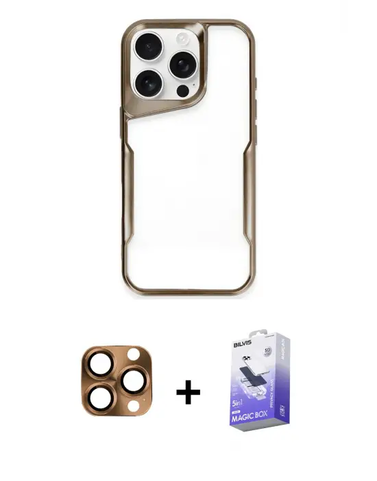 ieg™ iPhone 16 Pro Max Kılıf Akış Çizgi Koleksiyonu - Siyah Bilvis 5in1 5D Magic Hayalet Cam Ekran Koruyucu + Pers Alüminyum Kamera Lens - CLTM