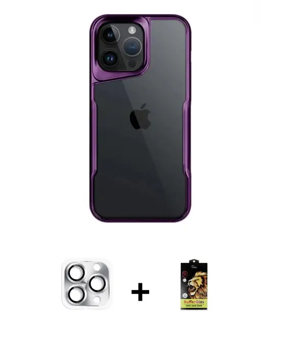 ieg™ iPhone 16 Pro Max Kılıf Akış Çizgi Koleksiyonu - Siyah Buffer Cam Ekran Koruyucu + Pers Alüminyum Kamera Lens - GS