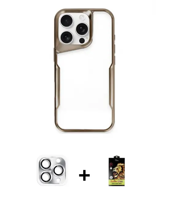ieg™ iPhone 16 Pro Max Kılıf Akış Çizgi Koleksiyonu - Siyah Buffer Cam Ekran Koruyucu + Pers Alüminyum Kamera Lens - GS