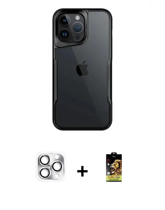 ieg™ iPhone 16 Pro Max Kılıf Akış Çizgi Koleksiyonu - Siyah Buffer Cam Ekran Koruyucu + Pers Alüminyum Kamera Lens - GS