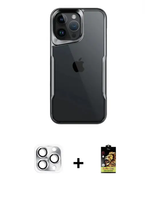 ieg™ iPhone 16 Pro Max Kılıf Akış Çizgi Koleksiyonu - Siyah Buffer Cam Ekran Koruyucu + Pers Alüminyum Kamera Lens - GS