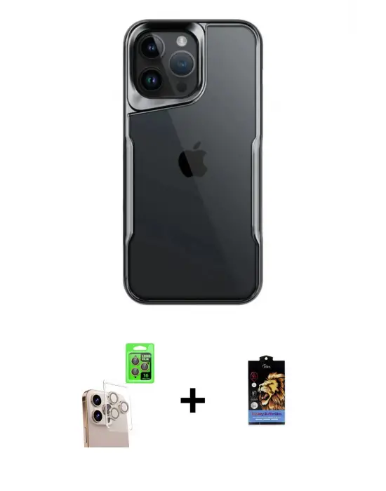 ieg™ iPhone 16 Pro Max Kılıf Akış Çizgi Koleksiyonu - Siyah Buffer Hayalet Cam Ekran Koruyucu + Raze Metal Kamera Lens - NLGY