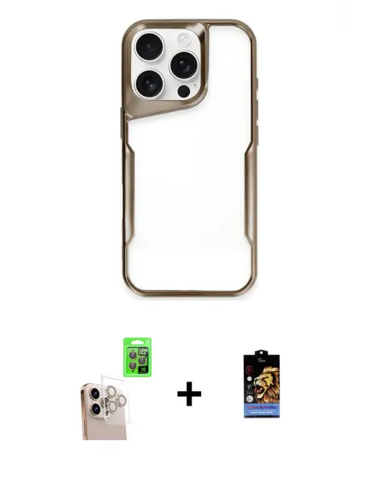 ieg™ iPhone 16 Pro Max Kılıf Akış Çizgi Koleksiyonu - Siyah Buffer Hayalet Cam Ekran Koruyucu + Raze Metal Kamera Lens - NLGY