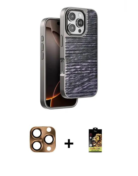 ieg™ iPhone 16 Pro Max Kılıf Atlas Minimal Özel Seri - Siyah Buffer Cam Ekran Koruyucu + Pers Alüminyum Kamera Lens - CLTM