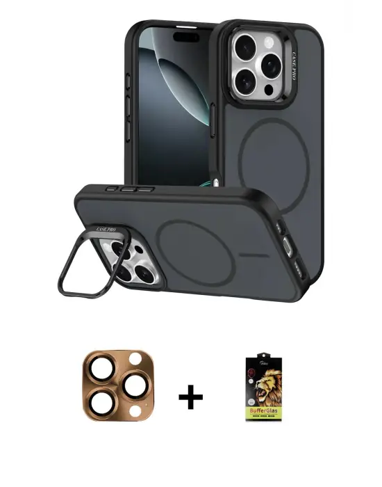 ieg™ iPhone 16 Pro Max Kılıf Çekirdek Klasik - Siyah Buffer Cam Ekran Koruyucu + Pers Alüminyum Kamera Lens - CLTM