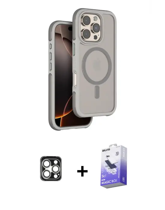 ieg™ iPhone 16 Pro Max Kılıf Çekirdek Minimal Prime - Siyah Bilvis 5in1 5D Magic Hayalet Cam Ekran Koruyucu + PVD Metal Kamera Lens - GS