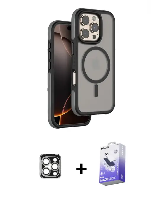 ieg™ iPhone 16 Pro Max Kılıf Çekirdek Minimal Prime - Siyah Bilvis 5in1 5D Magic Hayalet Cam Ekran Koruyucu + PVD Metal Kamera Lens - GS