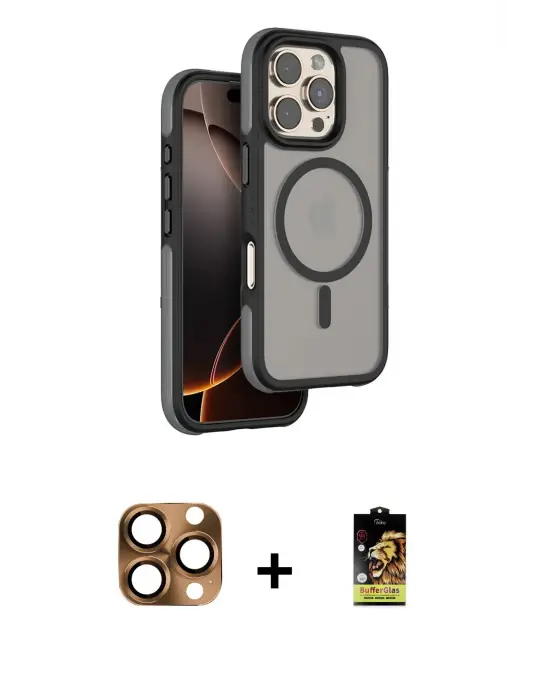 ieg™ iPhone 16 Pro Max Kılıf Çekirdek Minimal Prime - Siyah Buffer Cam Ekran Koruyucu + Pers Alüminyum Kamera Lens - CLTM