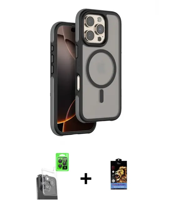 ieg™ iPhone 16 Pro Max Kılıf Çekirdek Minimal Prime - Siyah Buffer Hayalet Cam Ekran Koruyucu + Raze Metal Kamera Lens - SH